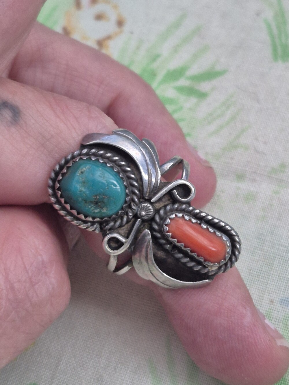 🌙Vintage Navajo Sterling Silver Turquoise & Coral Statement Ring